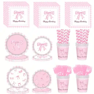 145 Pcs Pink Bow Birthday Party Supplies Set, Disposable Coquette Themed Tableware with Plates, Cups, Napkins, Cutlery & Straws, Pastel Gingham Decor for Girls’ Birthday & Baby Showers