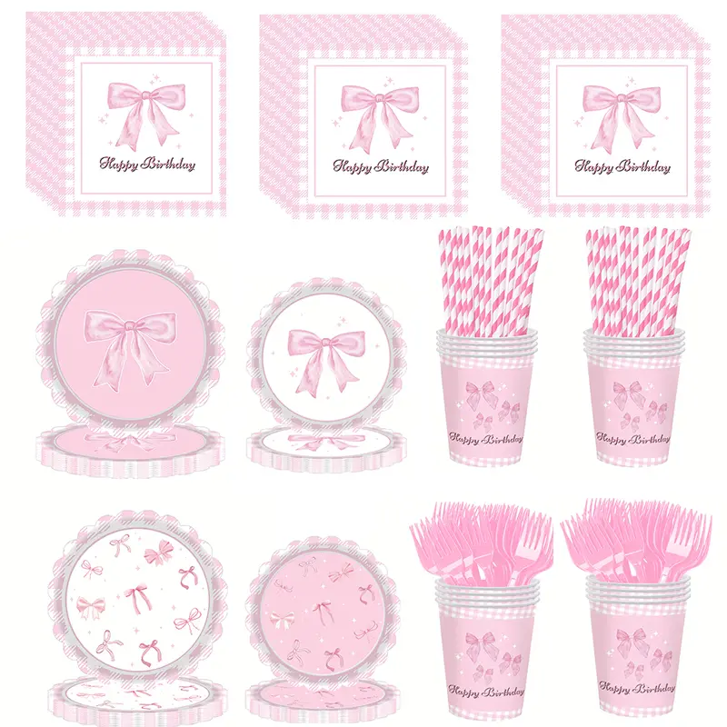 145-Piece Pink Bow Disposable Coquette Party Supplies Set - Sturdy Plastic Disposable Cups, Party Plates, Napkins, Cutlery, Straws, Pastel Gingham Decor for Girls’ Birthday, Baby Showers (Hot/Cold Safe)