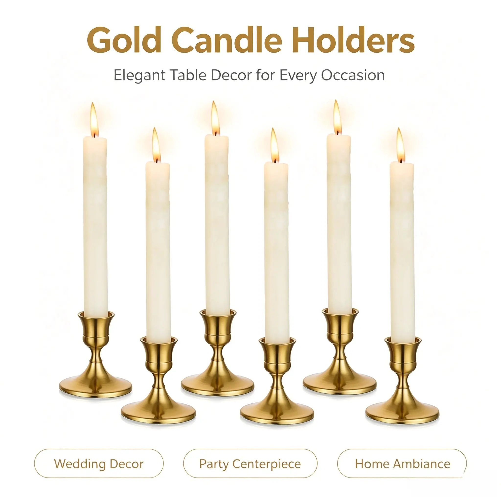 6-Piece Brass and Matte Black Metal Taper Candle Holder Set - Minimalist, Aesthetic, Rustic Modest Boxed Table Centerpieces for Wedding, Party, Farmhouse Home Decor (Modern Candleholder Sets, Candles Not Included)