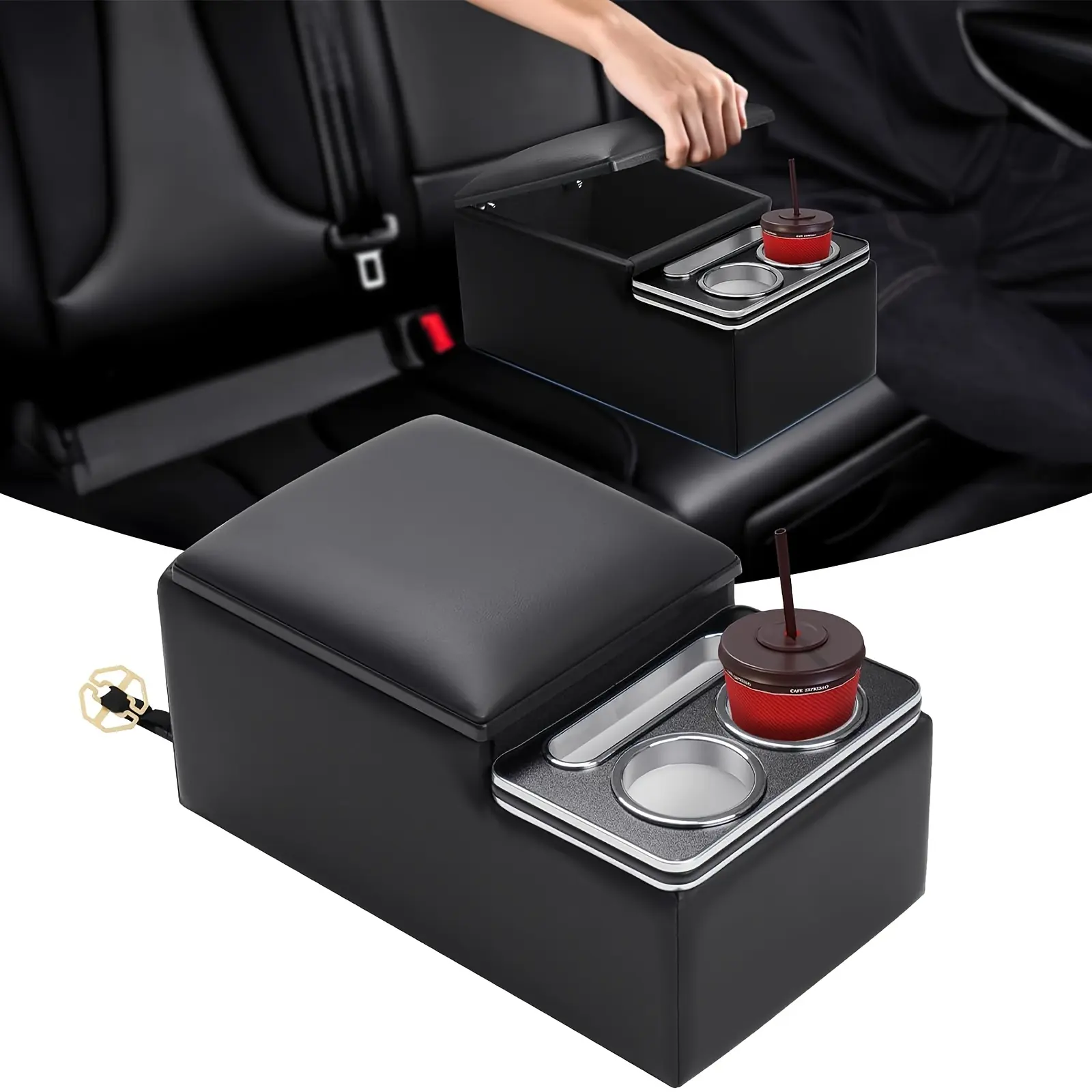 Upgraded Universal Wooden Bench Seat Center Console, Black Nappa Leather Car Back Bench Seat Armrest Storage Box Organizer, Large Cup Holder & Phone Holder Central Console for Truck, SUV & Van with Optional Charging Add-on