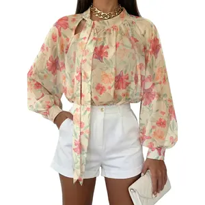 Dokotoo Womens Blouses Oversized Sexy Mesh Tops Floral Long Sleeve Shirts Tie Neck Pleated See Through Chiffon Tops