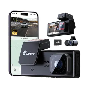 Pelsee P2 Trio 3 Channel 4K Dual Dash Cam, 4K+1080P+1080P Front & Inside & Rear, IR Night Vision, Built-in Wi-Fi, Voice Control, GPS, 24H Parking Mode, Free 64GB Card