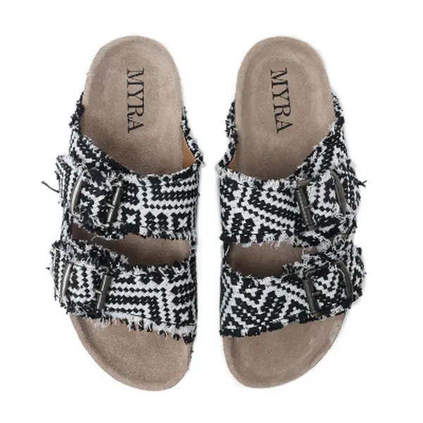 Women's Myra Bag Ridge Denim Casual Footwear - Black & White Flat Soft Slipper Slip-On, Carnival, Daily Wear, Adjustable Straps, Denim Upper, Flat Toe, Coffee Run