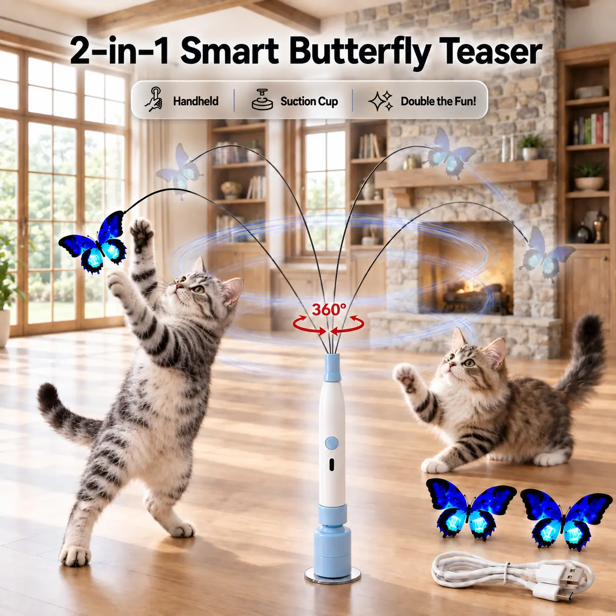 2-in-1 Interactive Butterfly Shape Cat Toy Wand, USB Rechargeable - Dual Modes (Automatic Self-Play, Handheld), Electric Touch-Activated Teaser with 360° Flutter, Random Movement, Steel Wire, Heavy-Duty Suction Cup for Indoor Cats, Auto Spin, Stimulates