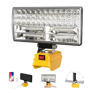 20V battery-powered cordless LED work light, 90W power, 5400 lumens, compatible with DeWalt batteries, wide beam floodlight, with two USB charging ports, suitable for camping, emergencies, workshops, and garages.