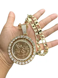 14K GP 50 Pesos Spinner Huge Centenario 24" 7mm Figaro Link Chain Fashion Chain Mexican Piece Unisex Men Jewelry for All Occasions