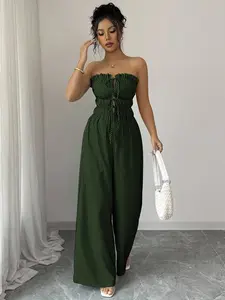 Striped Jumpsuit for Women - Strapless Wide Leg Romper - Vacation Outfit