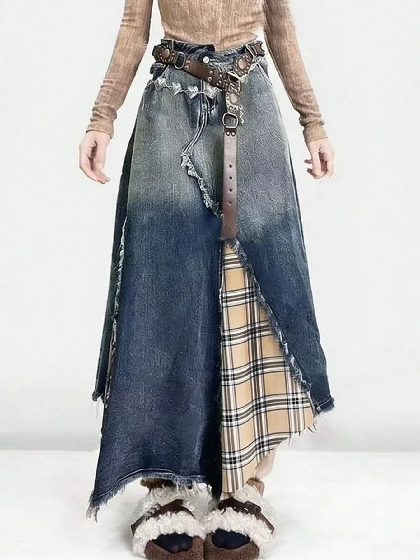 Women's A-Line Denim Medium Wash Long Dress, Loose Classic Washed Pleated Design, Raw Edge with Button Decor, Casual Elegant Bohemian Style, Perfect for Everyday Wear