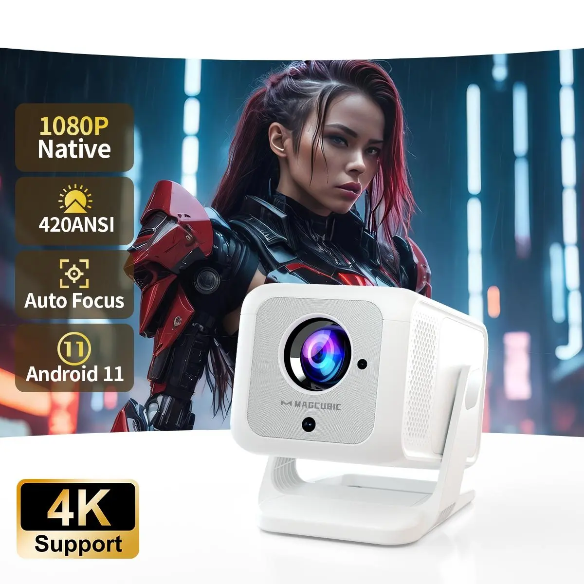 HY310X 1080P Projector Native Full HD 1080P for Home & Outdoor Theater, 420 ANSI Lumens, Auto Focus & Keystone, 4K Source Supported, Android 11 Smart OS, WiFi + BT5.2, Built-in 5W Speaker, Portable