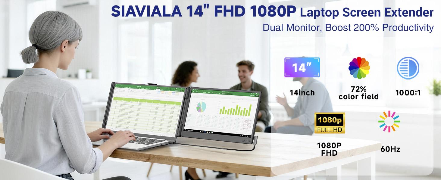 Siaviala Laptop Screen Extender, 14” FHD 1080P IPS Dual Laptop Monitor Extender, Portable Monitor for 13-17.3” Laptops, Plug & Play Dual Screens for Windows/Mac with USB C/HDMI Port computer accessory