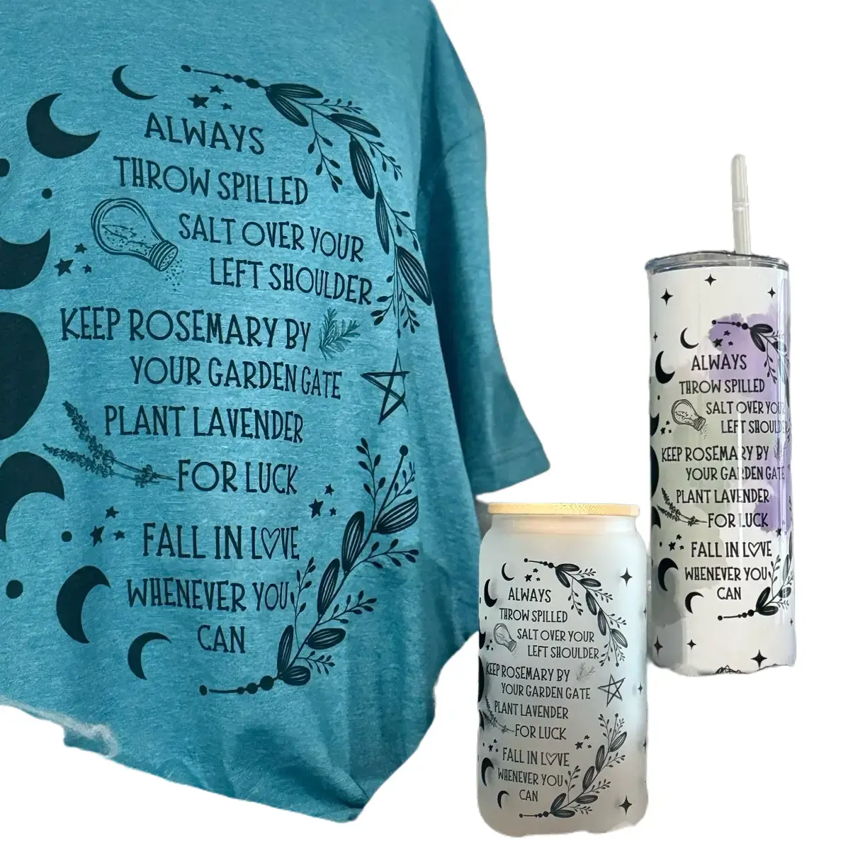 Practical Magic T-shirt & Cup Bundle Teal Round Neck Summer Women's Casual Pull On Crewneck Streetwear with Tumbler