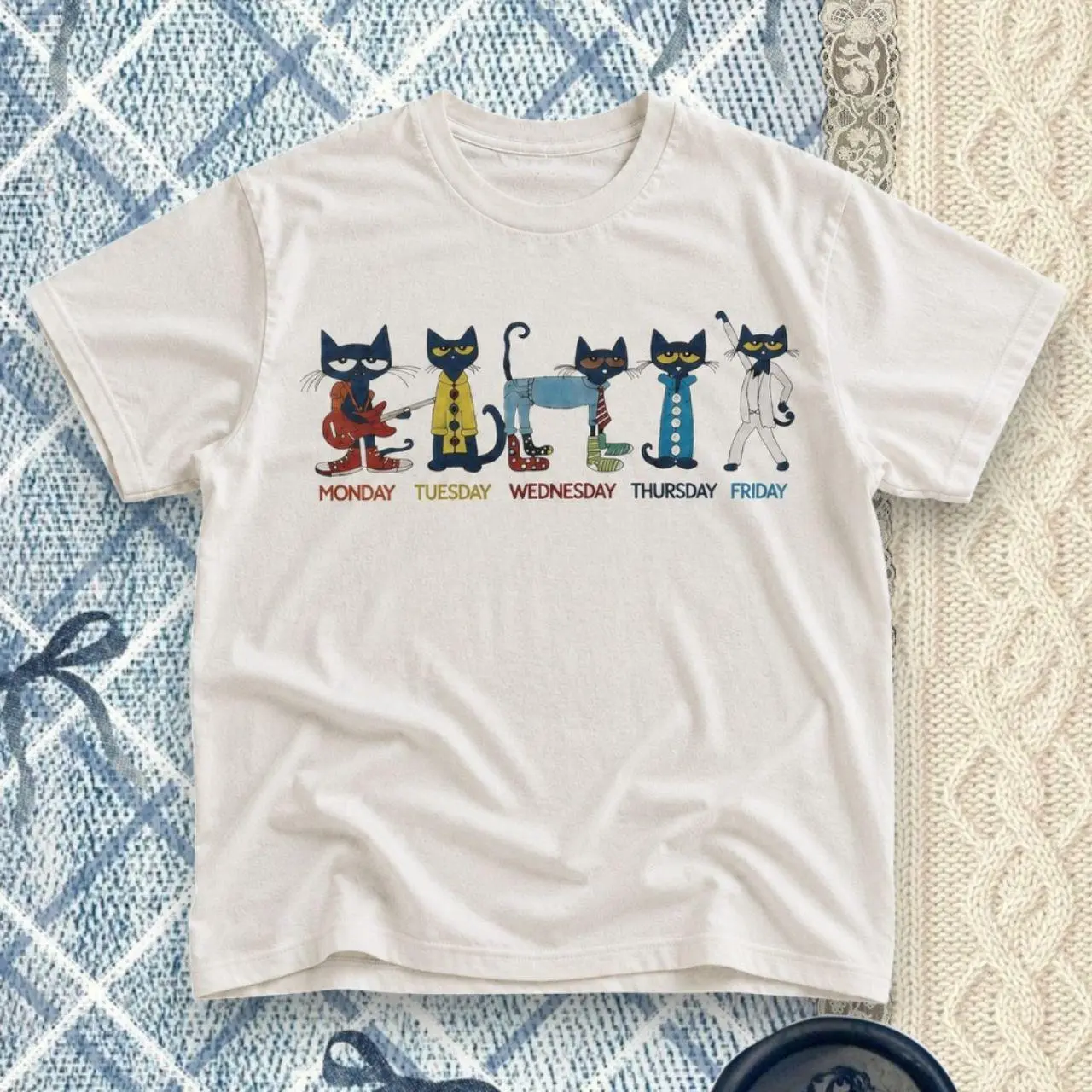 Cat Weekday Outfits Graphic Tee White Unisex Shirt