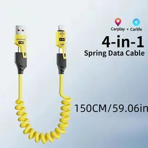 Four-In-One Charging Cable, USB to USB-C Multi-Function Fast Charger, Extendable Quick Charge Cable, Compatible with iPhone, PD Fast Charging, Car Charger