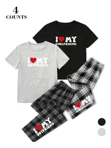 Couple Matching, Top with Heart Print, Plaid Sleepwear Set, Valentine's Day Gift, Romantic Couple Wear, Clothes, Fit