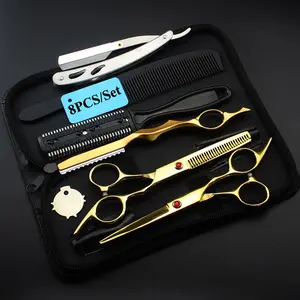 8Pcs Set 6.0'' Professional Hair Scissors Hairdressing Cutting Thinning Combs Haircut Shears Barbers Razor Stainless Steel Barber Cutting Tools Scissors Suit Hairdresser Scissors