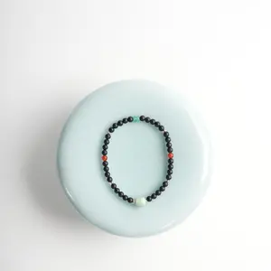 Black Obsidian - Handmade Oriental Ebony Wood Celadon & Red Agate Stretch Bracelet | Chinoiserie Lucky Stack Jewelry