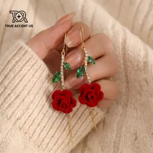 True Accent US Red Rose Drop Earrings Coquette Aesthetic Floral Jewelry For Women BFF Party Prom Daily Wear Anti Tarnish Floating Display Box Romantic Vintage Y2K Dainty Statement Holiday Gift Cute