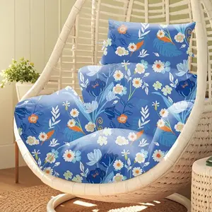 Waterproof Egg Chair Cushion Replacement 47x31.5x4.7 inch Thicken Hanging Egg Swing Chair Cushion Indoor Outdoor Wicker Rattan Hammock Basket Cushion with Headrest Pillow, Blue Peony