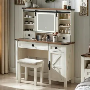 OKD Farmhouse Makeup Vanity Desk with Sliding Mirror and Lights, 42'' Glass Tabletop Vanity Table with 2 Drawers & Shelves, Rustic Big Vanity Set for Bedroom, Stool Included,  Modern Makeup Vanities. electric t screwdriver makeupvanitytableset