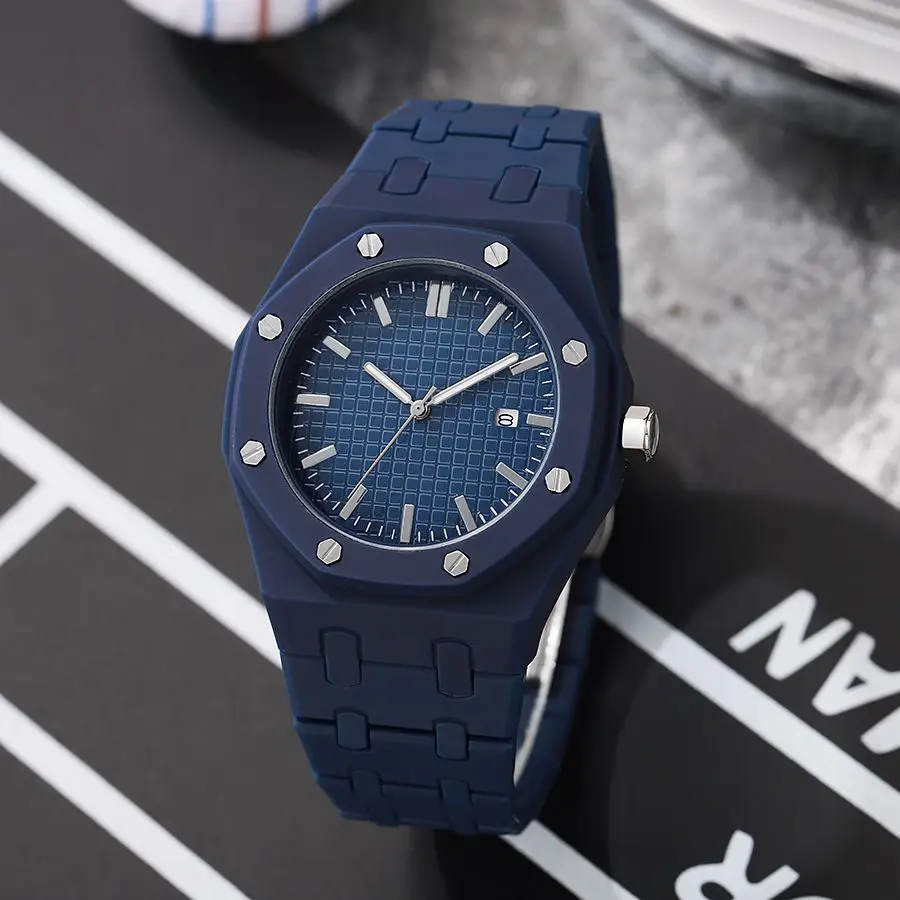 Unisex Octagon Matte Rubber Band Quartz Watch Grid Dial Date Display Minimalist Sports Casual Wrist Watch for Men Women