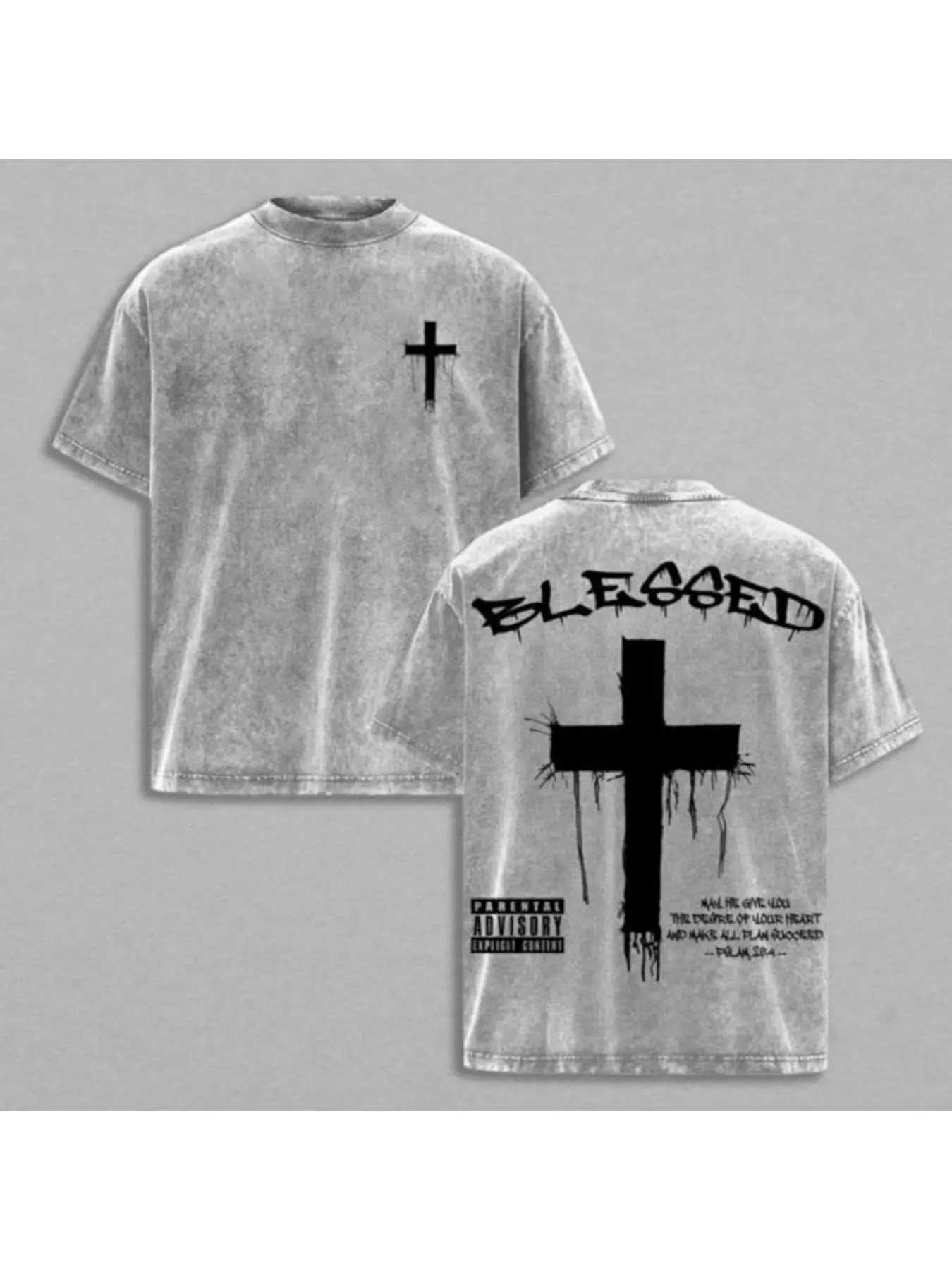 Men's Vintage Distressed 100% Cotton Shortleeve Round Neck Graphic Tee, Loose Fit Breathable Casual Wear Top with Cross Motif Front & Back Print, Wide Spectrum Sizes Streetwear Sports Top, Menswear, Festive