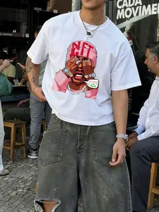 Men's Casual Patterned Short Sleeve T-Shirt, Streetwear Style, Drop Shoulder Design, Lightweight Fabric, Ideal for Daily Wear and Layering