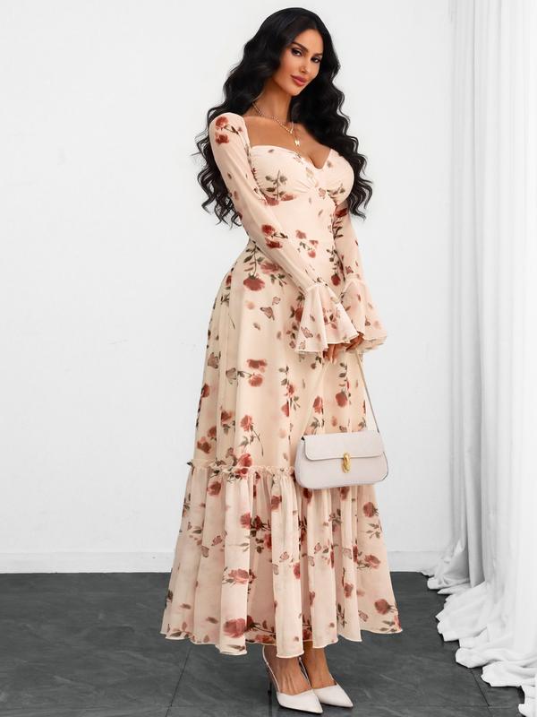 Elegant French Style V-Neck Mesh Dress, Rose Print Layered Backless Design, Breathable Waist Cinching, Romantic Women's Fashion