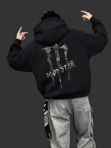Monster Text Patchwork Graphic Hoodie | Heavyweight Fleece Streetwear Sweatshirt, Y2K Aesthetic Streetwear Oversized Sweatshirt
