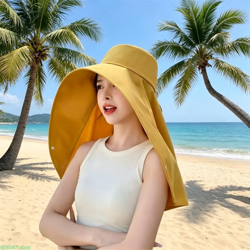 Adults' Full Coverage Bucket Hat - Wide Brim, Neck Flap, Ponytail Hole, UV Protection, Lightweight Solid Color, Foldable Beach Hat, 1 Size, No Excess Bulk, for Outdoor Activities Like Gardening, Summer Daily Use
