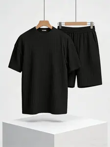Men's Solid Textured Drop Shoulder Short Sleeve Tee & Drawstring Waist Shorts 2-Piece Set, Loose Casual Crew Neck Outfit with Pockets, Perfect for Spring, Summer, Fall, Back to School & Daily Outdoor Wear Pajama Set Shortsleeve