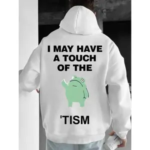 Men's Slogan & Frog Print Drawstring Fuzzy Hoodie, Loose Casual Comfy Fashion Long Sleeve Kangaroo Pocket Design Thermal Lined Hooded Sweatshirt for Daily Holiday Outdoor Wear, Men Clothes for Fall & Winter