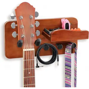 Guitar Wall Mount Shelf with Pick Holder, Walnut  Guitar Hanger Rack with Rotatable Yoke and 3 Storage Hooks for Acoustic, Electric, Bass, Ukulele
