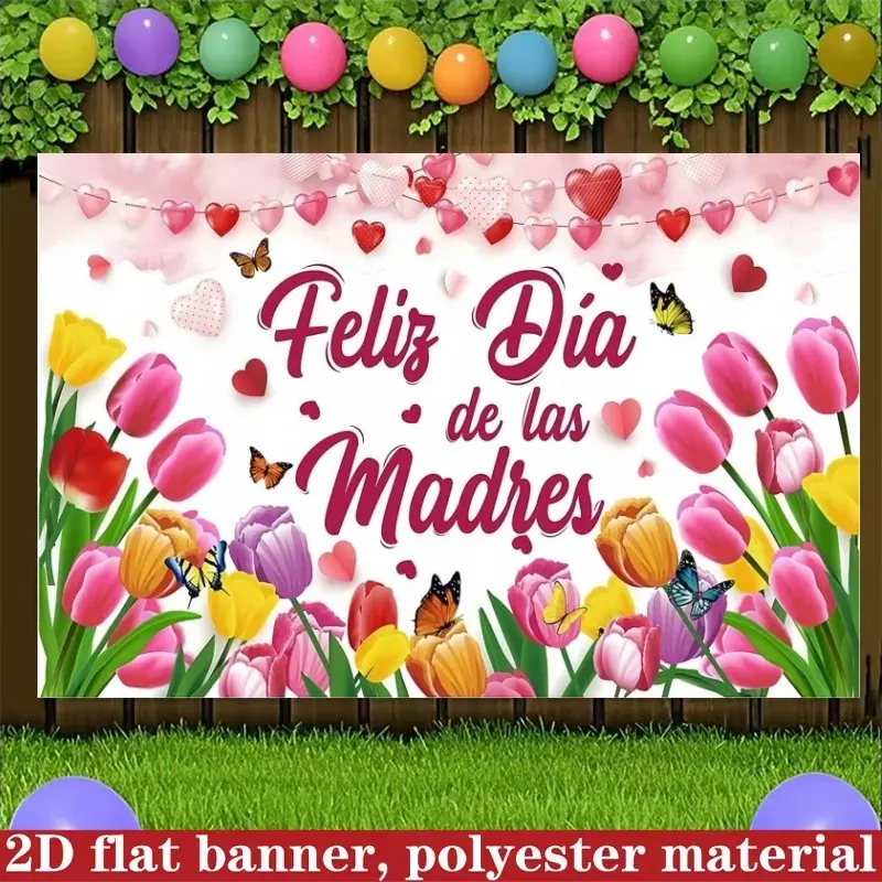 2D Flat 1pc Spanish Happy Mother's Day Backdrop Banner, Tulip Heart Butterfly Watercolor Photography Background, Ideal for Latin Mother's Day Party, Family Celebration, Photo Booth Decor, Multiple Sizes Available