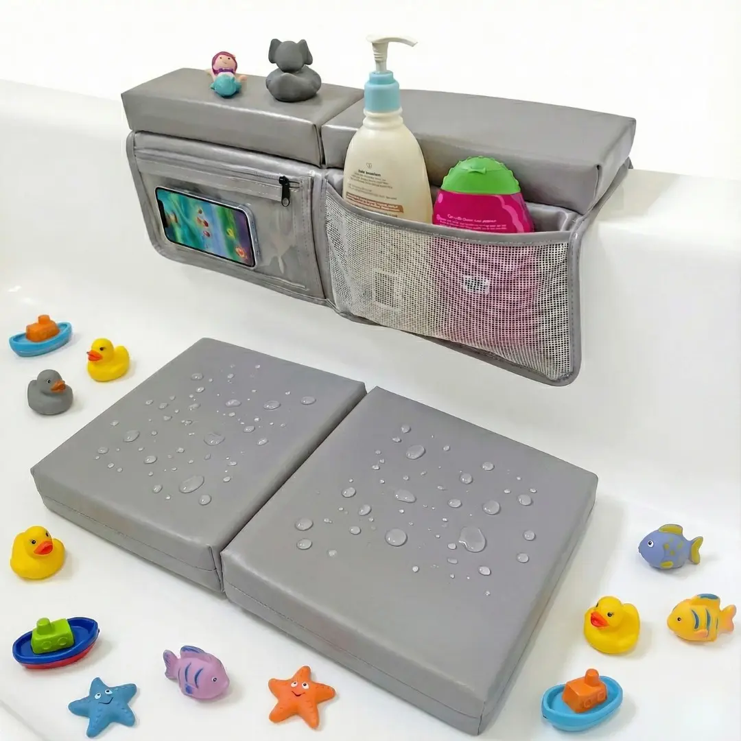 Baby Bath Kneeler & Elbow Rest Pad Set – Non-Slip Foldable Bath Cushion with Toy Organizer Pocket, Grey