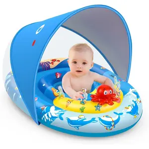 Swimming pool float with canopy UPF50+sun protection, inflatable children's swimming pool float with marine animal toys, swimming float with adjustable safety seats, suitable for boys and girls