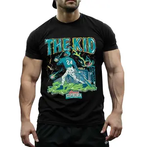 "The Kid" Ken Griffey Jr. Baseball Polyester T-Shirt - Viral MLB Retro Graphic Tee, Breathable Quick-Dry Crewneck, Durable Non-Cotton Fabric, Thunderbolt Print for Baseball Fans & Game Day