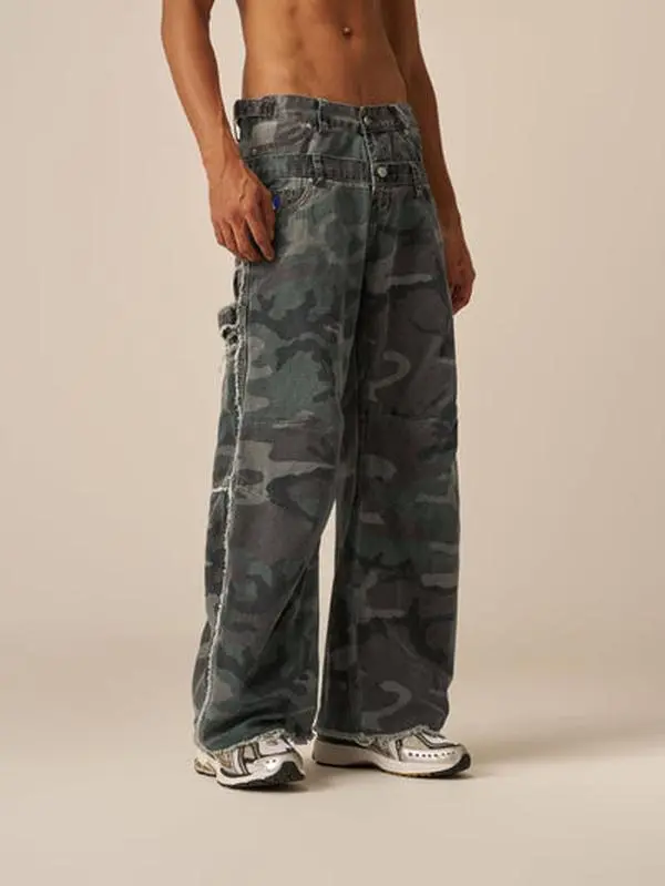 Aelfric Eden Men's Oversized Camouflage Military Pants - High-Waist Double Waistband, Multi-Pocket, Raw Hem, Wide-Leg Barrel, Unisex Streetwear Clothing, Wrinkle Knees, All-Season, Embellished Menswear Men's Clothing