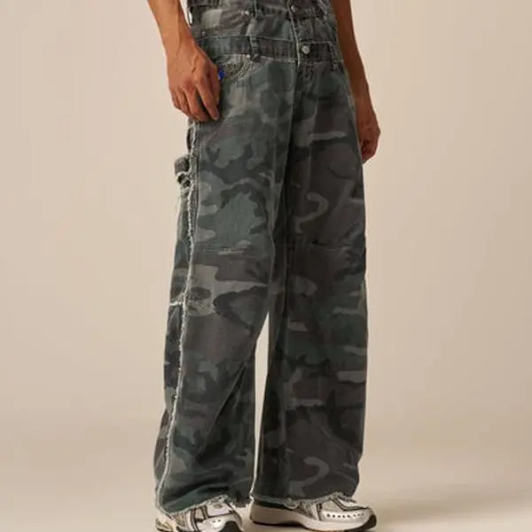 Aelfric Eden Men's Oversized Camouflage High-Waist Military Pants - Camo Print, Double Waistband, Multi-Pocket, Raw Hem, Wide-Leg Barrel, Wrinkle Knees, All Seasons, Longer Look, Edgy Street Edge Unisex Streetwear