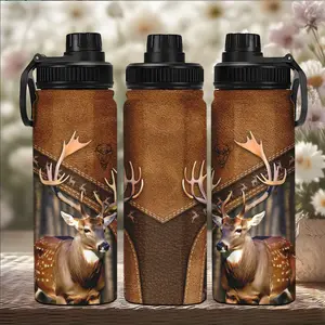 20oz Stainless Steel Travel Mug with Leather Deer Print Design, Dual Layer Vacuum Insulated Cup for Outdoor Sports & Gifts, Insulated Travel Drinkware