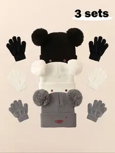 3pcs Baby Girl Newborn Toddler Pom-Pom Bear Beanie Hat, Cozy Knit Winter Warm Heart Cute Hat, Casual Fall & Winter Outdoor Accessories Bonnet, Winter Skull Cap