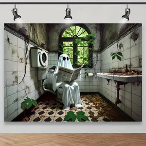 White Haunted Bathroom Ghost Polyester Backdrop - Unique Party Decor, Spooky Halloween Atmosphere Prop, Horror-Themed Photography Studio Banner