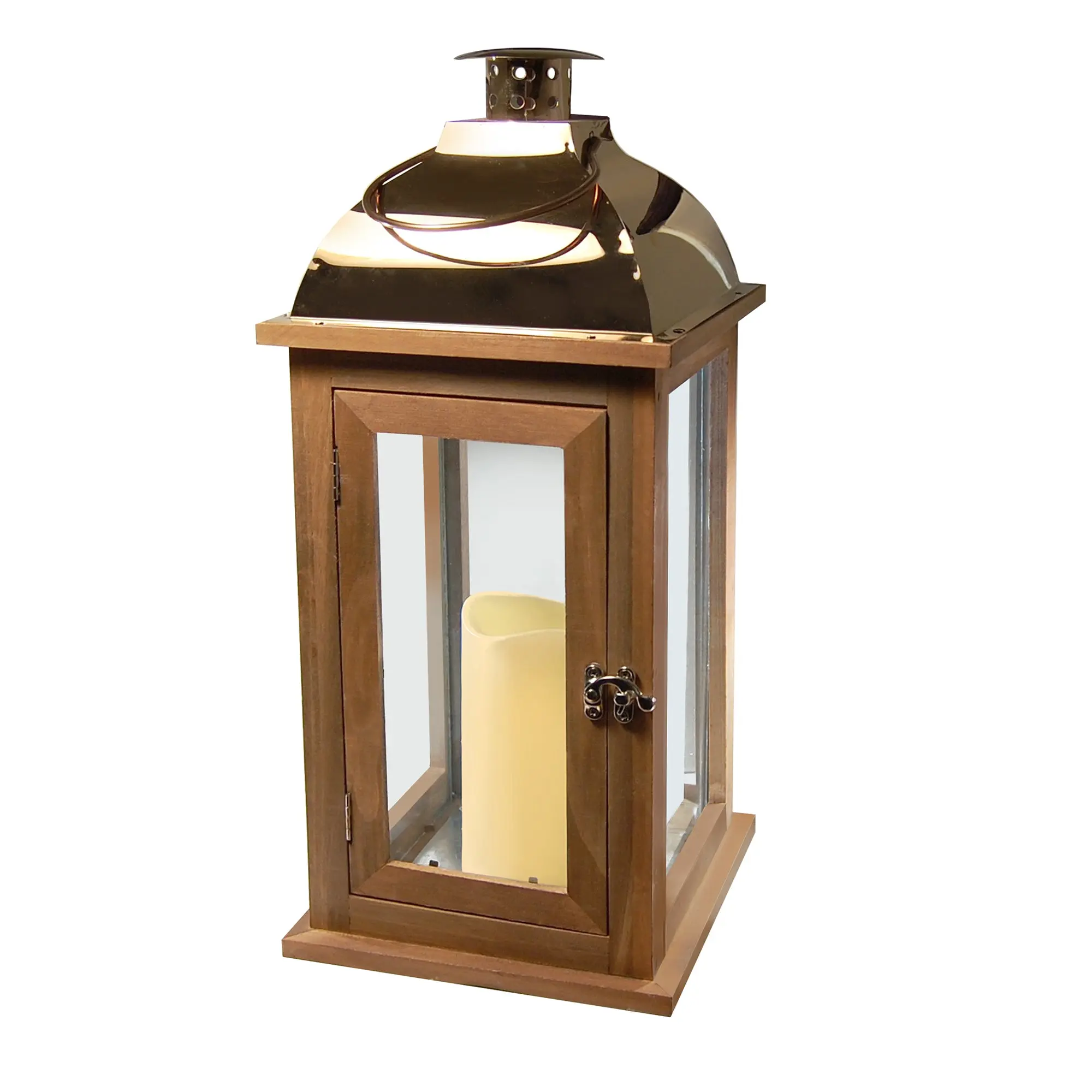 LumaBase Wooden Lantern with Battery-Operated Candle - Brown, Copper Roof, Glass Panels, Metal Accents, Easy Switch, Hanging, Removable Light - Daily Living Room Decoration Items, Room Accessories Home Candle Holder Decor