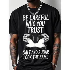 Men's Graphic Tees, Mens Clothing - Outdoor Fitness Short-Sleeve Crew Neck Top, Cotton Breathable Stretch Fabric with Salt Pattern Print, "Beware of Spoken Words from People You Trust" Design Menswear T-Shirt Womenswear Streetwear Tshirt