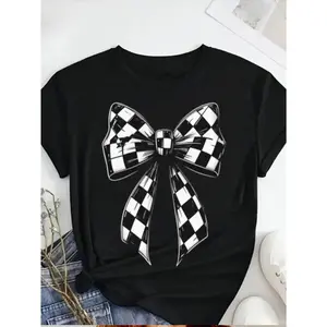 Graphic T-shirt Women's Round Neck T-Shirt Black Short Sleeve Tee White Checkered Bow Print Casual Top Machine Washable |   TikTok viral tee, coquette aesthetic, cute outfit, summer casual, trendy streetwear, everyday wear, holiday outfit, gift idea