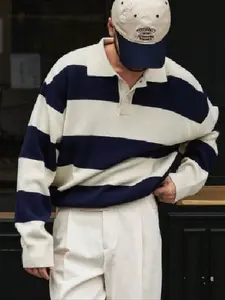 Men's Striped Knit Polo Neck Sweater, Loose-Fitting Long Sleeve Top, Casual Korean Style for Spring & Fall, Streetwear Layering