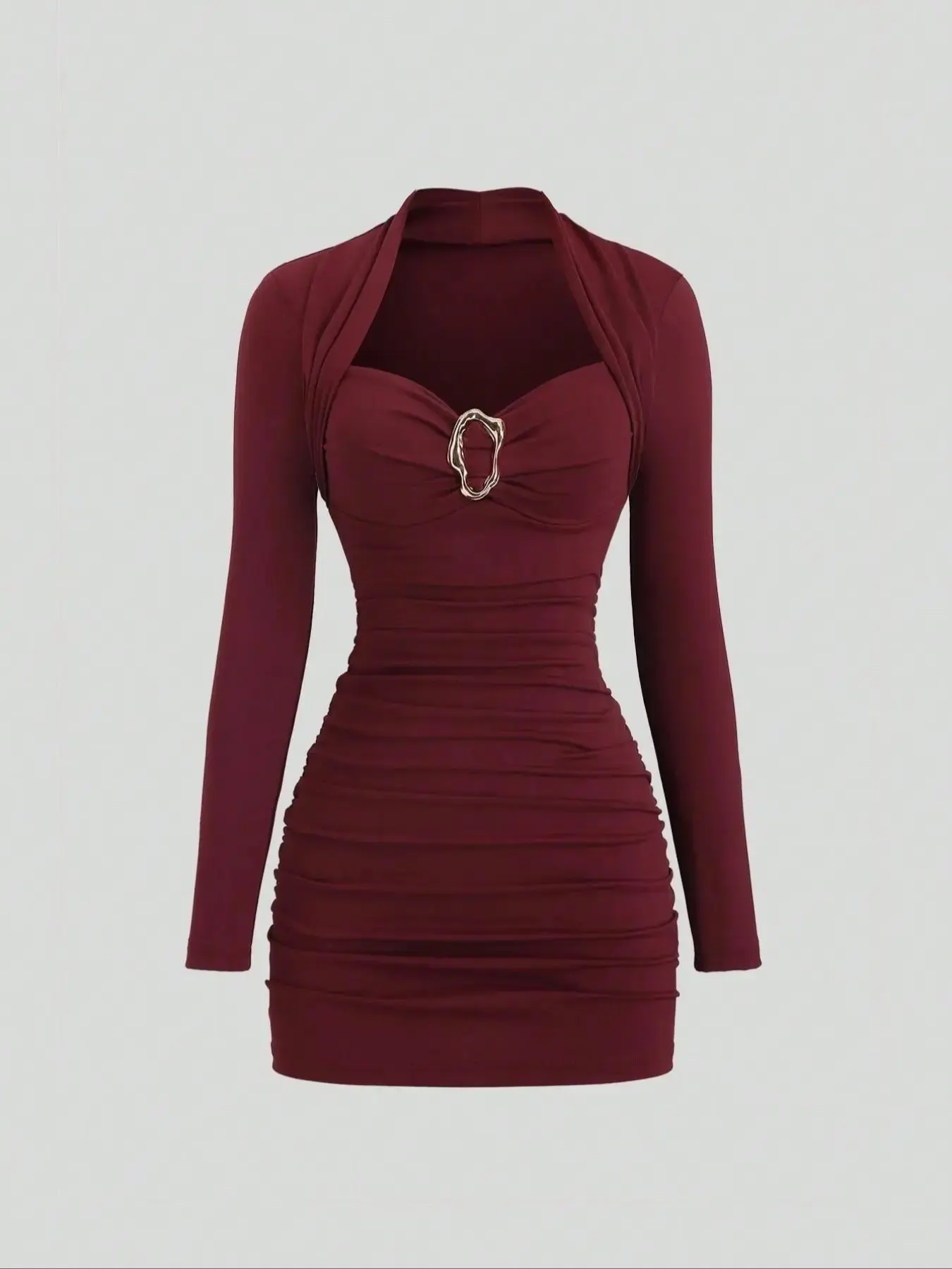 Elegant Party Slim Fit Cocktail Dress for Fall & Winter, Wine Red Color, Metal Decorations, Perfect Christmas and Formal Occasions, Wear, Elegance modern year round laid back sophisticated