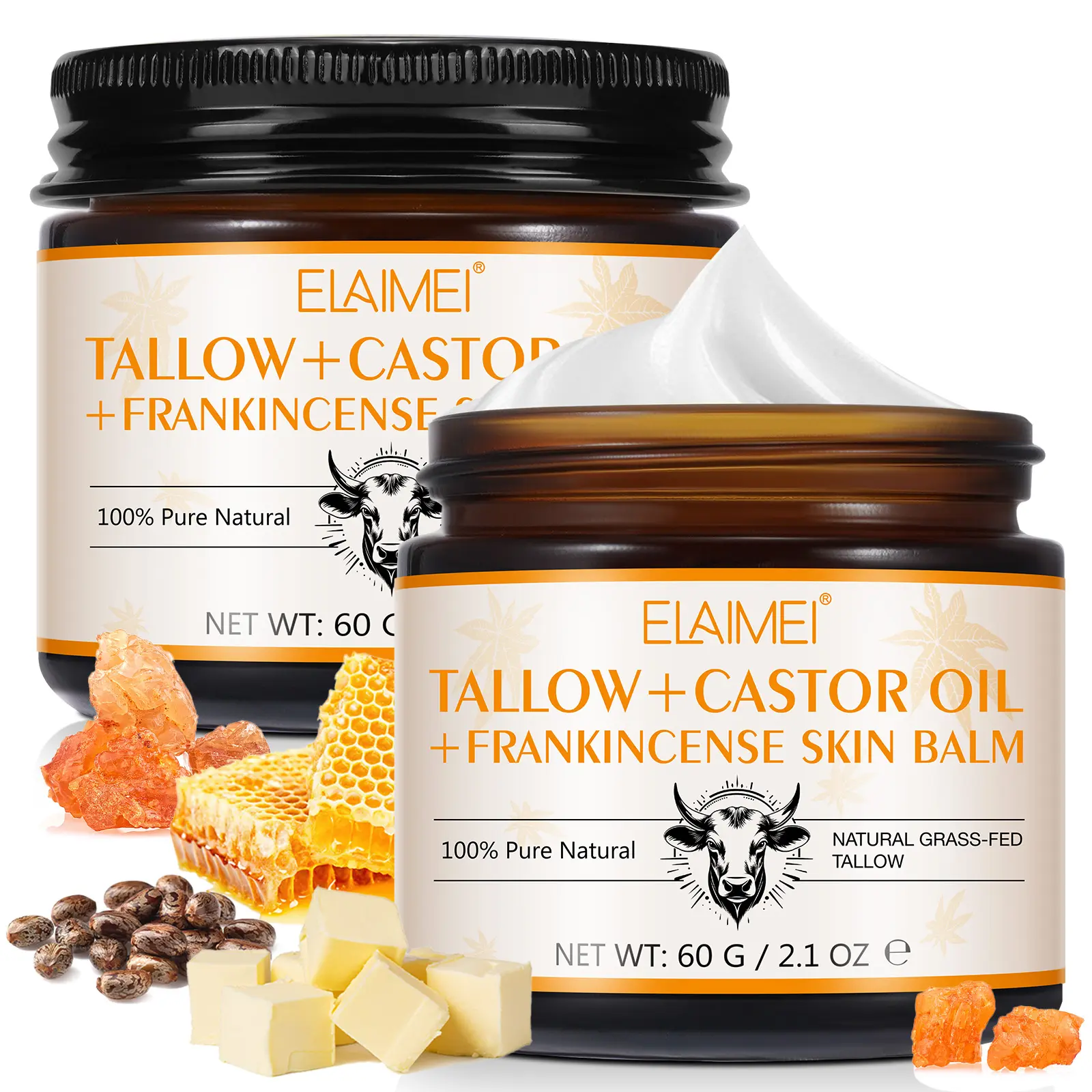 ELAIMEI Tallow & Castor Oil & Frankincense Cream 60g 2 bottles, grass-fed tallow facial moisturizer, Beef Tallow Moisturizer & moisturizer, long-lasting moisturizing, Gentle Moisturizing, can also be used on sensitive skin, Moisturizers Cream