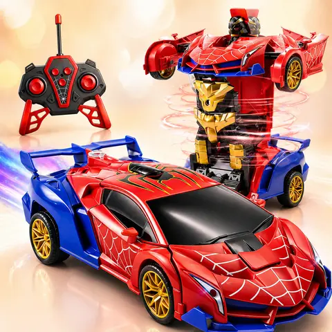 NETNEW Remote Controlled Car Toy - 2.4GHz RC Spray Stunt Car with 1-Key Deformation, 360° Rotation, Robot Mode, Rechargeable Lights, Safe Materials, for 4-6 Years Kids Boys, Outdoor Play