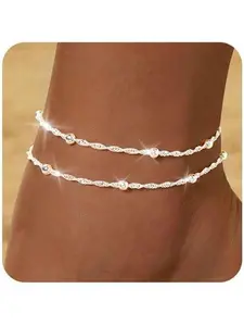 14K Gold Plated Waterproof Women's Gold and Silver Anklet Non-Oxidizing Exquisite Multi-Layer Beaded Heart Anklet Set Summer Beach Anklet Jewelry Gift Trendy Item