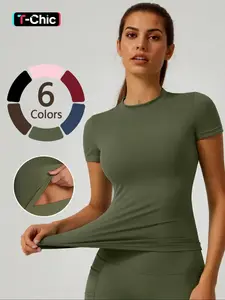 Summer Women's Solid Color Sporty T-Shirt, Gym Outfit Tee, Comfortable Tight-Fitting Basic Tee for Ages 18-65+, Versatile Hand-Washable Activewear